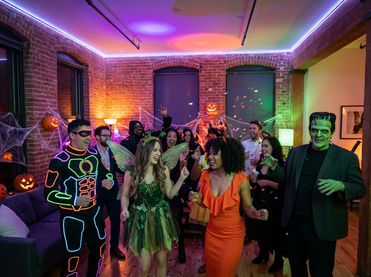 Modern Halloween party with a diverse group of people wearing creative costumes, superheroes, fairies, and classic monsters, vibrant party lighting, happy atmosphere, high detail, no text, 4:3
