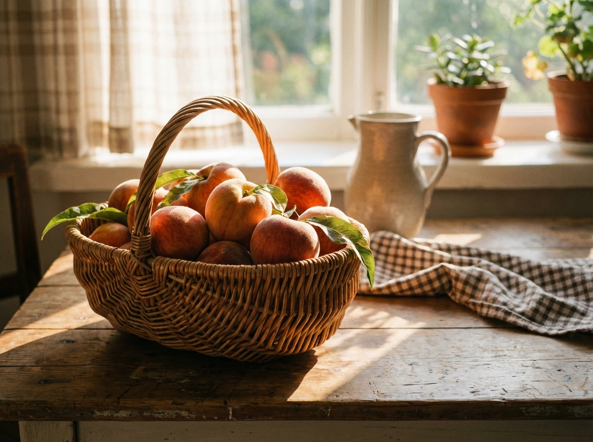 A basket filled with fresh ripe peaches on a wooden table, soft natural sunlight streaming through a window, warm and inviting atmosphere, realistic photography style, 4:3