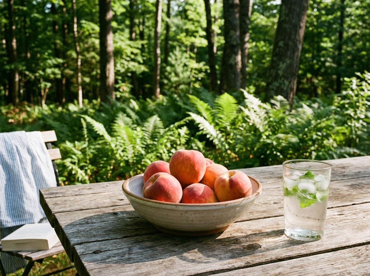 복숭아와 함께 놓인 시원한 물 한 잔과 숲 배경
