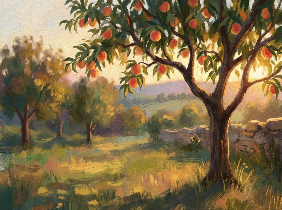 싱그러운 복숭아 나무 아래에서의 휴식