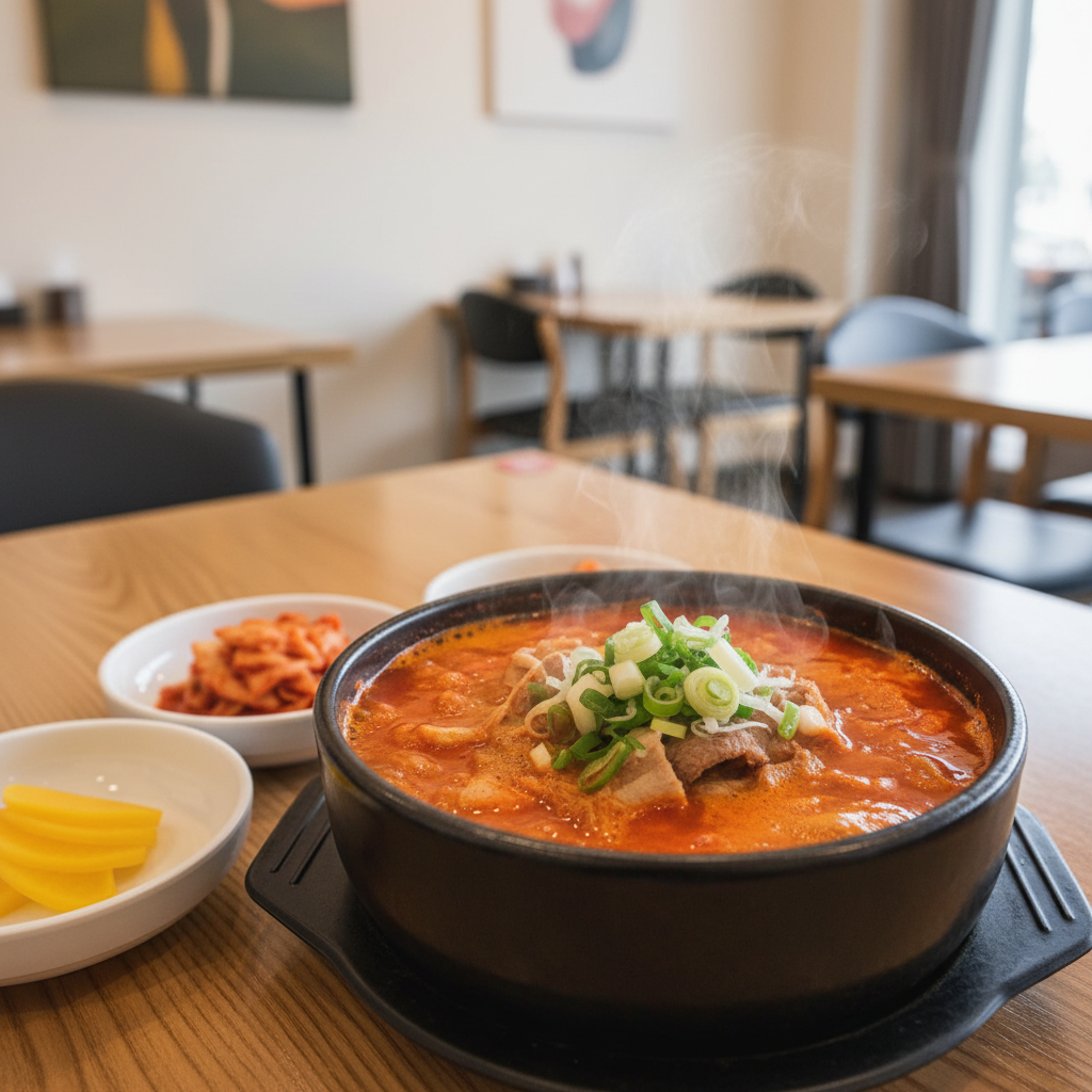 A steaming bowl of Korean spicy pork soup (Gukbap) placed on a wooden table in a clean, modern Korean restaurant. The soup is vibrant red with green onions on top. Beside it are small side dishes like kimchi and pickled radish. Soft warm lighting, lifestyle photography style, 4:3