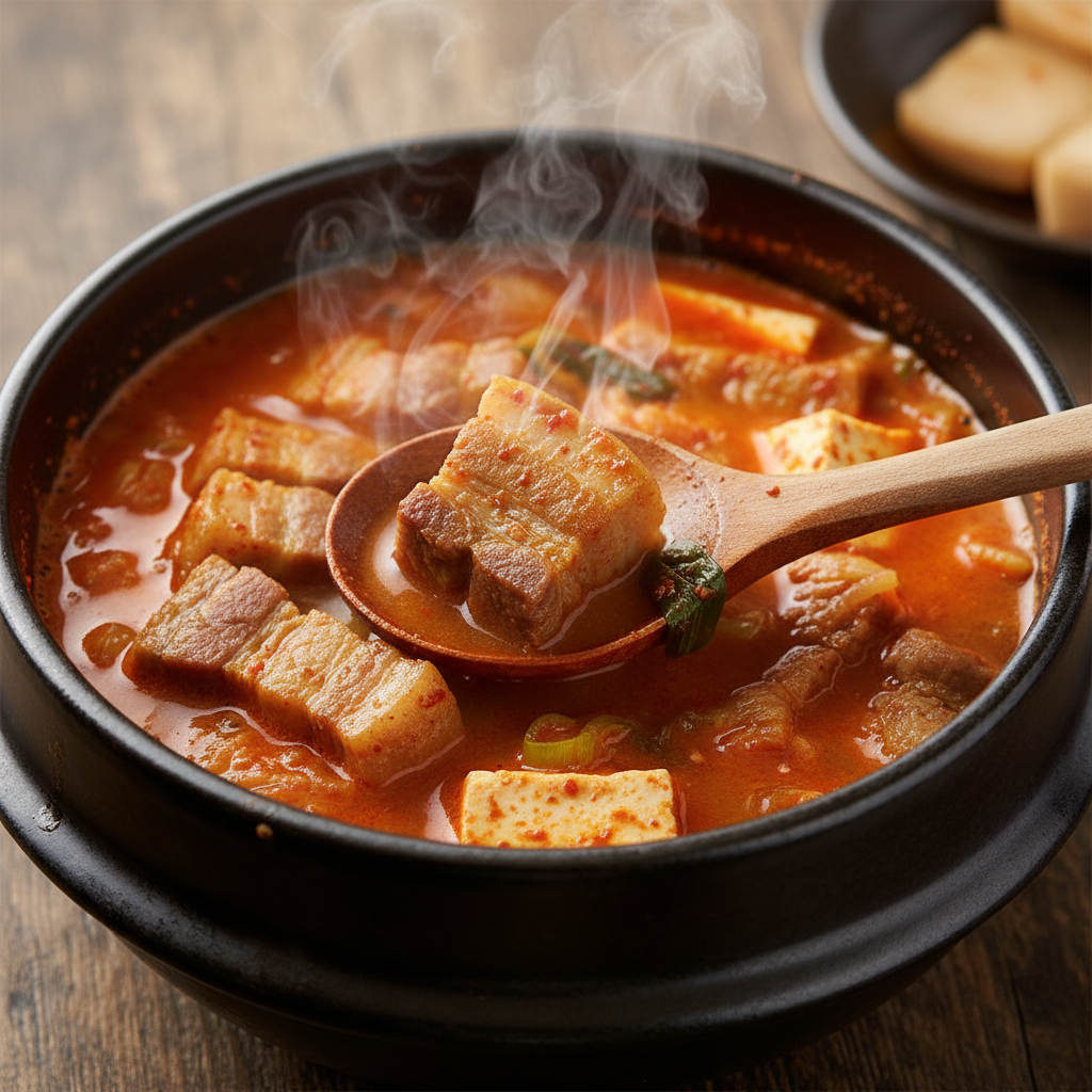 Close-up of a Korean spicy pork soup showing diced cubes of pork meat inside a red spicy broth. Wooden spoon lifting a cube of meat. Steam rising from the bowl. Realistic food photography, natural lighting, 1:1