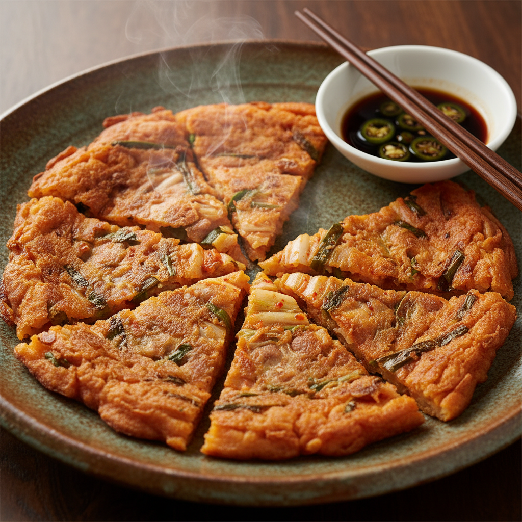 A plate of Korean Kimchi pancake (Kimchijeon) cut into bite-sized pieces. Crispy edges, golden brown color, served on a traditional ceramic plate. A small bowl of soy sauce dip on the side. High quality food shot, 4:3