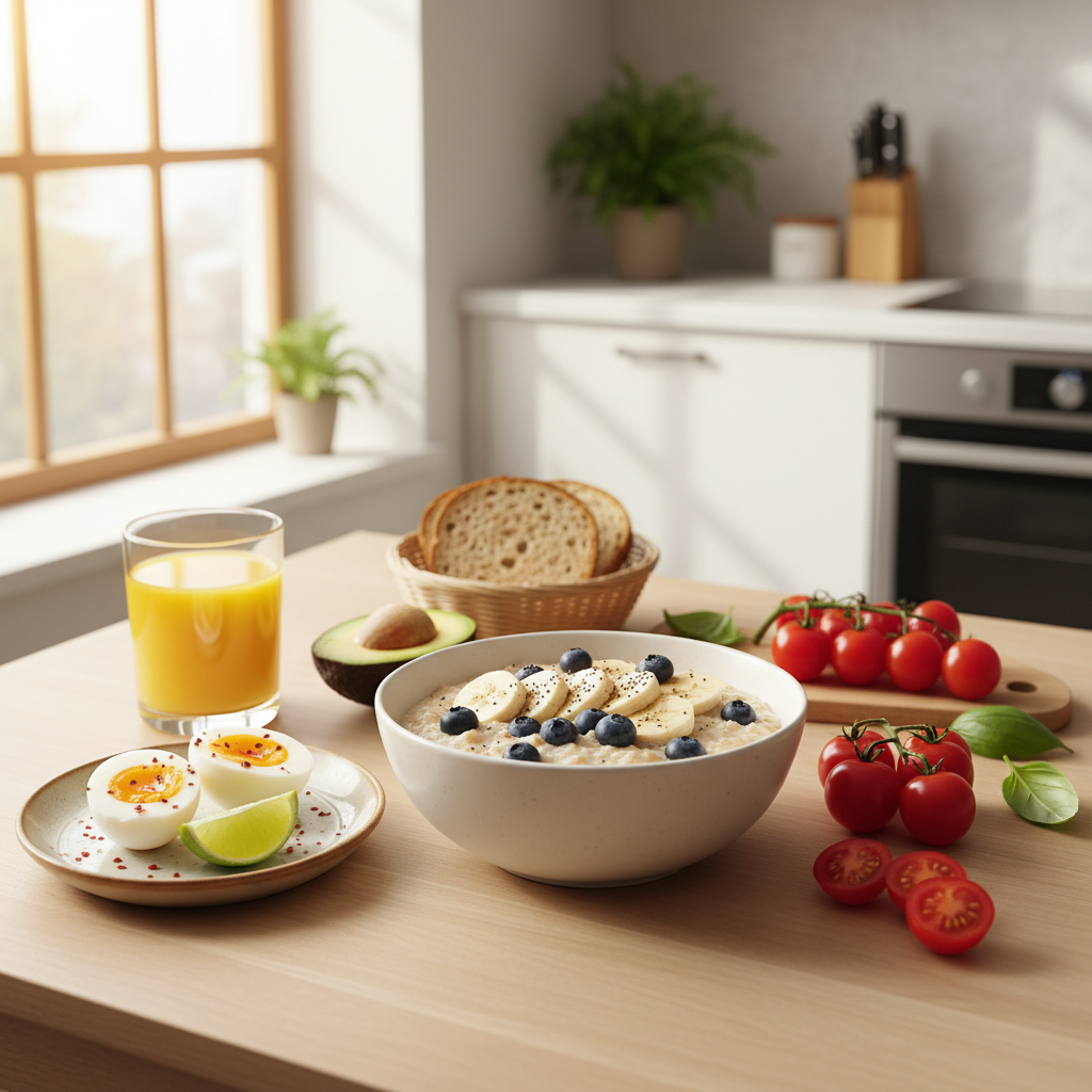 A high-quality lifestyle photography of a healthy breakfast table featuring boiled eggs, oats, avocado, and tomatoes. The setting is a bright, modern kitchen with natural morning sunlight. No text on the image. 1:1