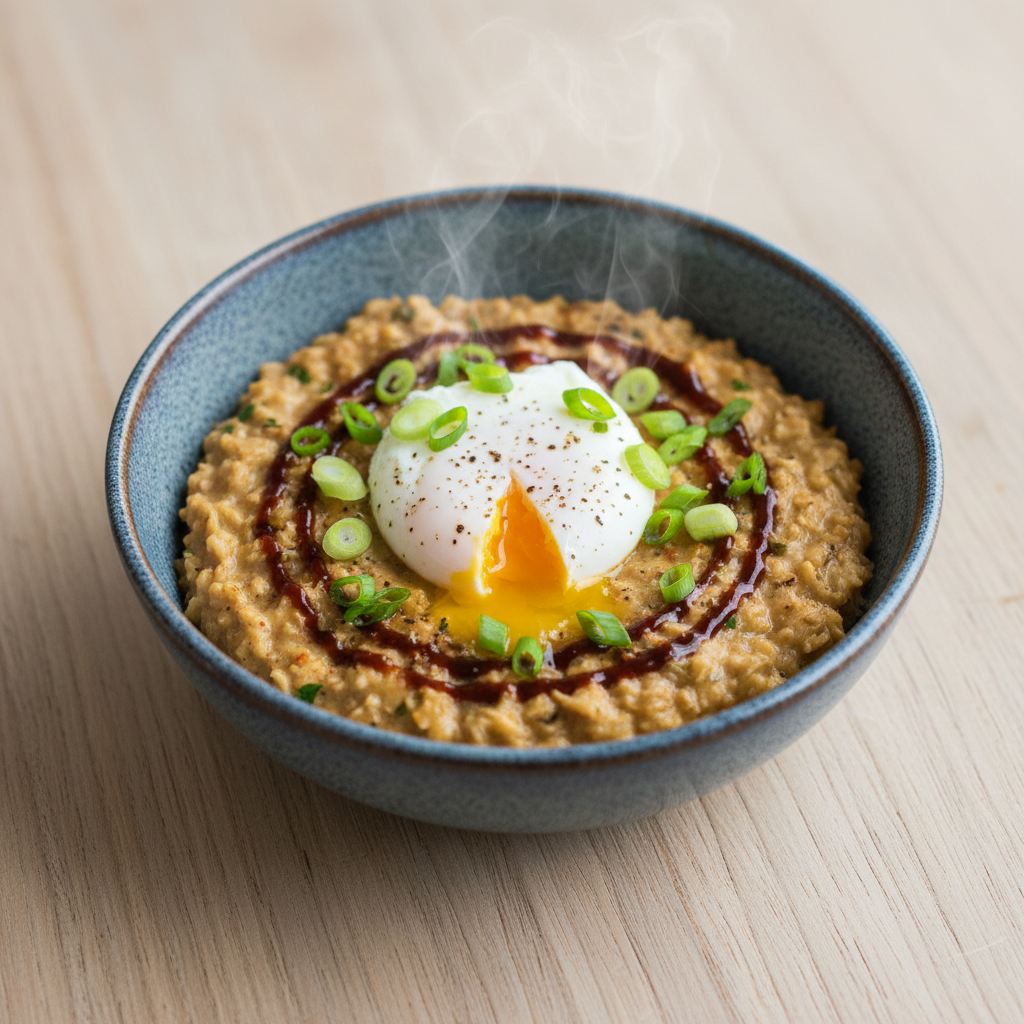 A delicious bowl of savory oatmeal topped with a poached egg and green onions. High contrast, clean wooden table background, professional food photography style. No text. 4:3