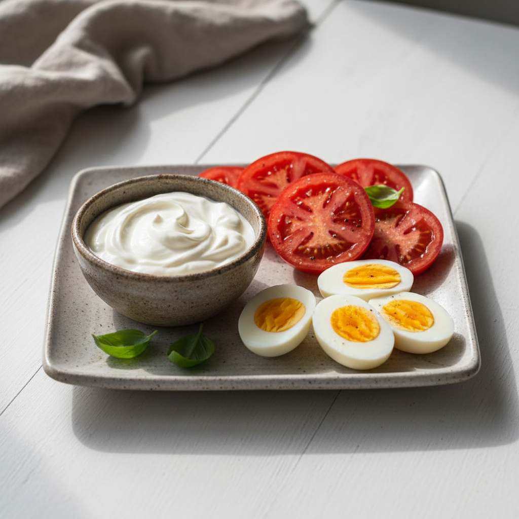 A bowl of thick Greek yogurt alongside sliced fresh tomatoes and hard-boiled eggs on a ceramic plate. Soft natural lighting, minimalist aesthetic. No text. 1:1