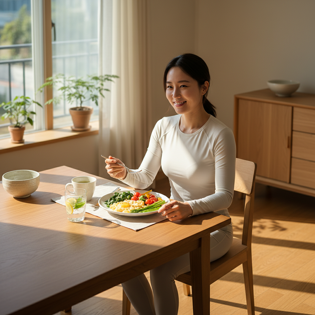 A fit person enjoying a healthy breakfast of eggs and vegetables in a sunlit dining room. Atmospheric and inspiring lifestyle image, natural Korean appearance. No text. 4:3