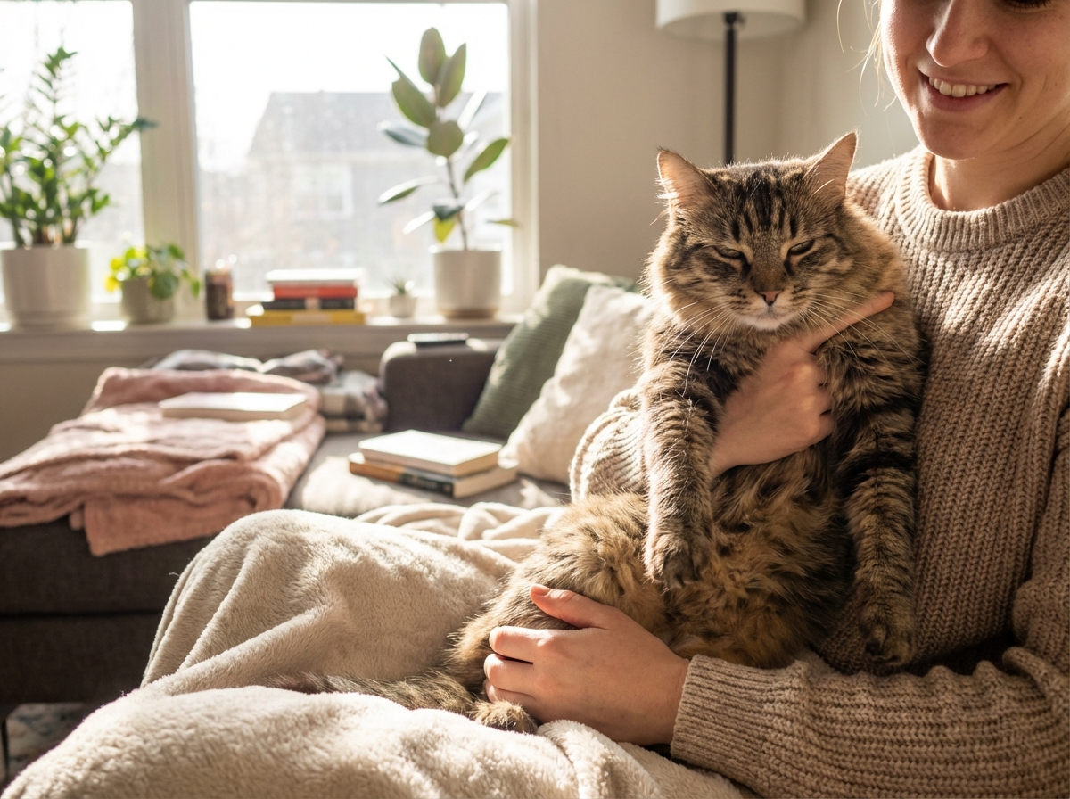 A high quality lifestyle photo of a person correctly holding a domestic cat with two hands supporting the chest and hind legs. The cat looks happy and comfortable. Natural sunlight in a cozy living room. 4:3
