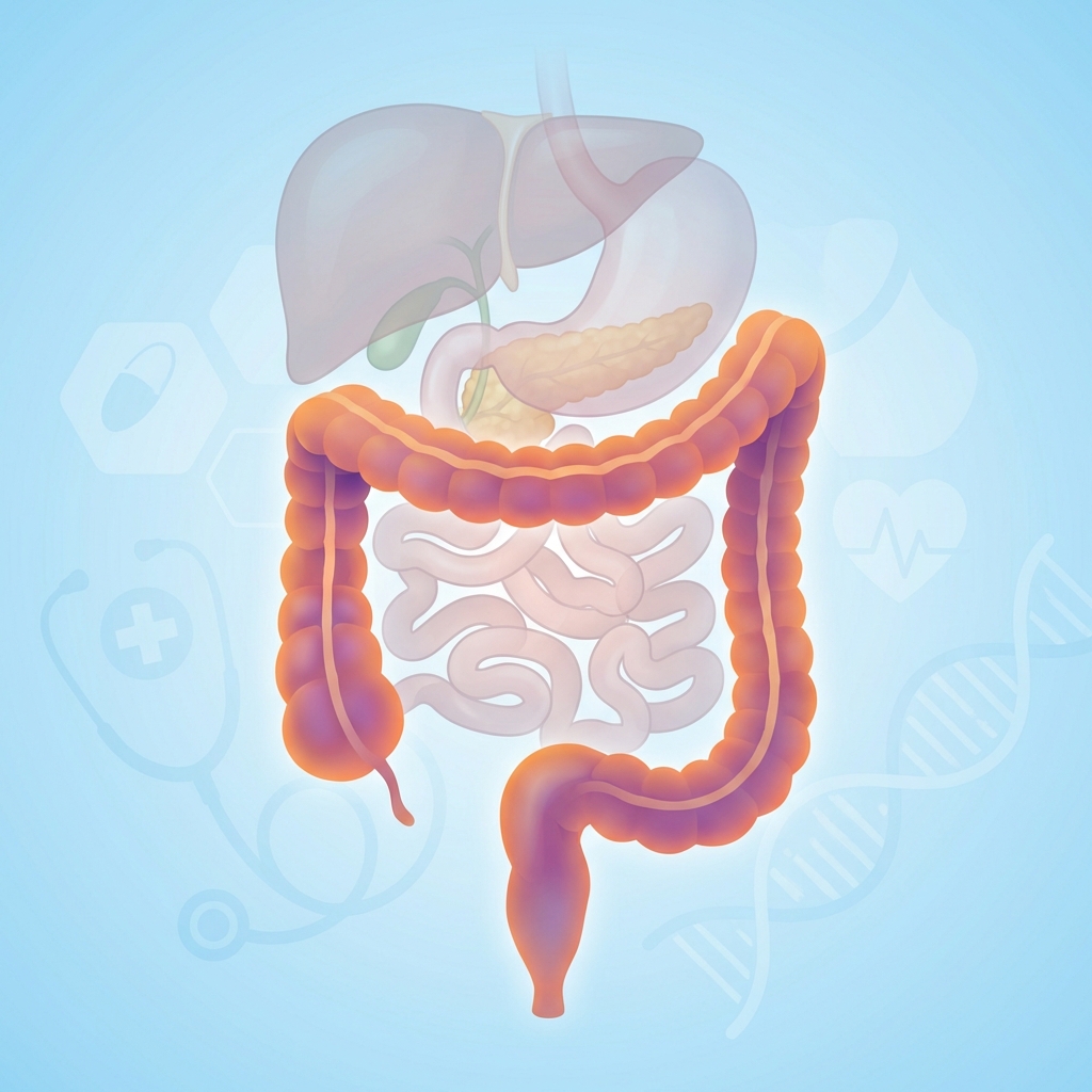 A clean and modern medical illustration showing a human digestive system with a focus on the large intestine. The background is a soft blue gradient with subtle medical icons like a stethoscope and DNA helix. No text. 1:1