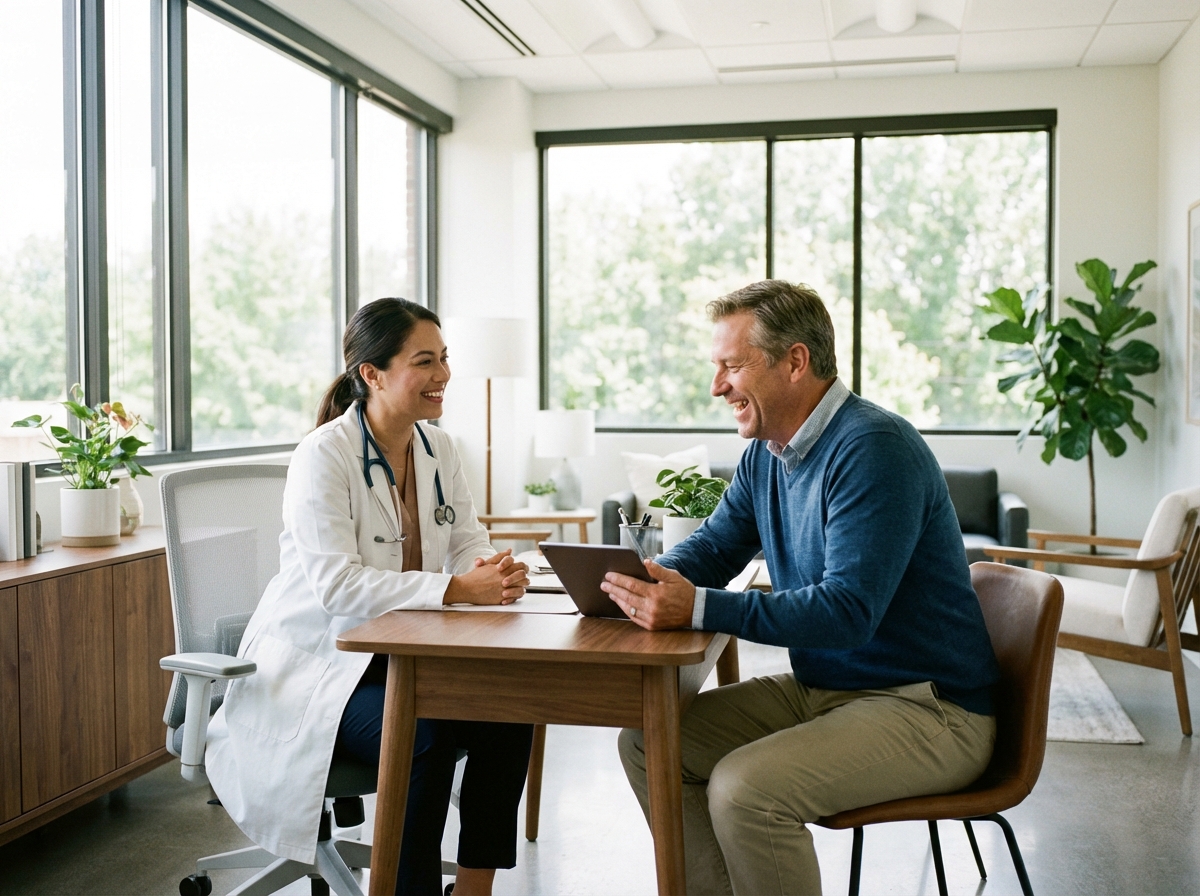A realistic lifestyle photograph of a professional doctor in a white coat consulting with a middle-aged patient in a bright, modern clinic office. The atmosphere is supportive and professional. Natural lighting. 4:3