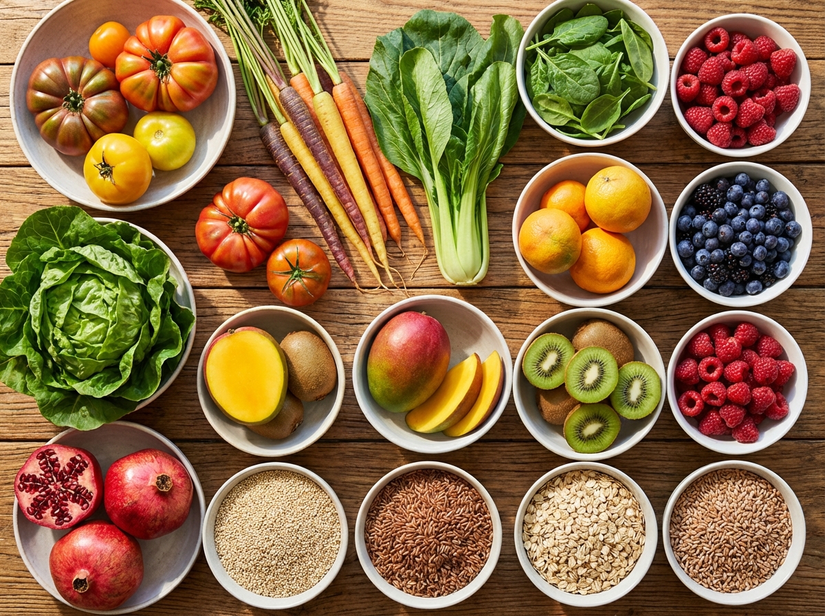 Top-down view of a wooden table with a variety of colorful vegetables, fruits, and whole grains. Bright and healthy vibe. High contrast and clean layout. 4:3