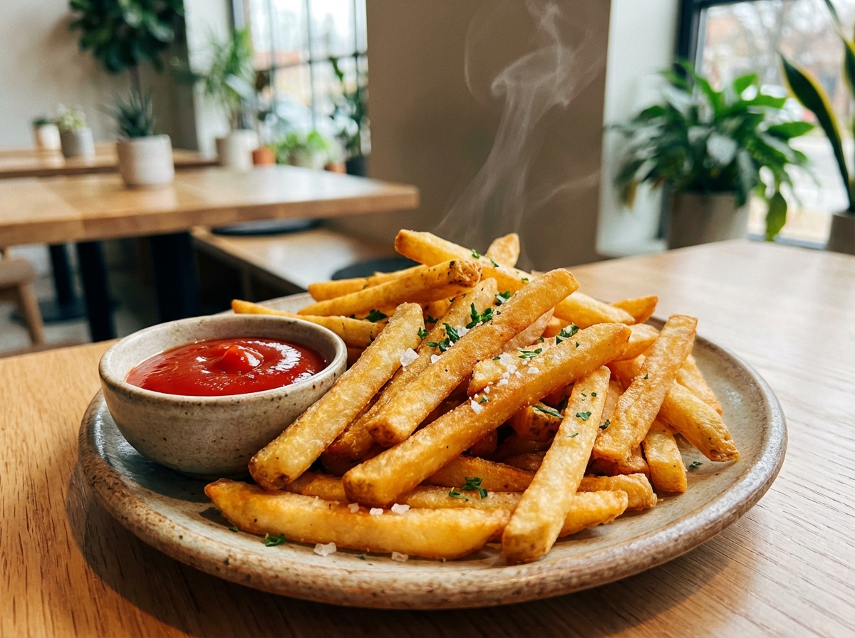 Close-up of crispy golden french fries with a small bowl of bright red tomato ketchup, modern cafe setting, appetizing food photography, vibrant colors, 4:3