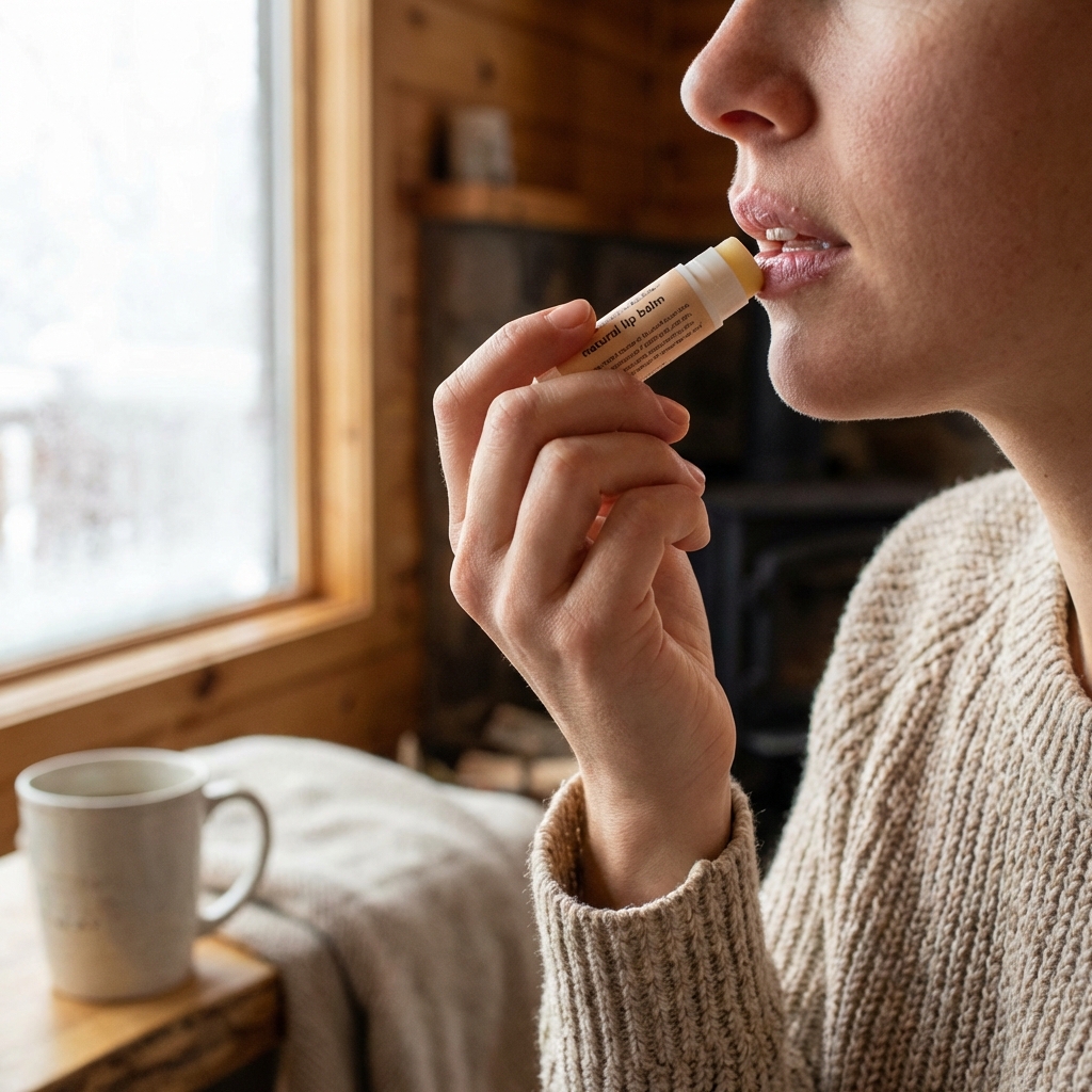 A close-up of a person applying lip balm to dry, cracked lips in a cozy indoor setting during winter. Soft natural lighting from a window. High-quality lifestyle photography. 1:1