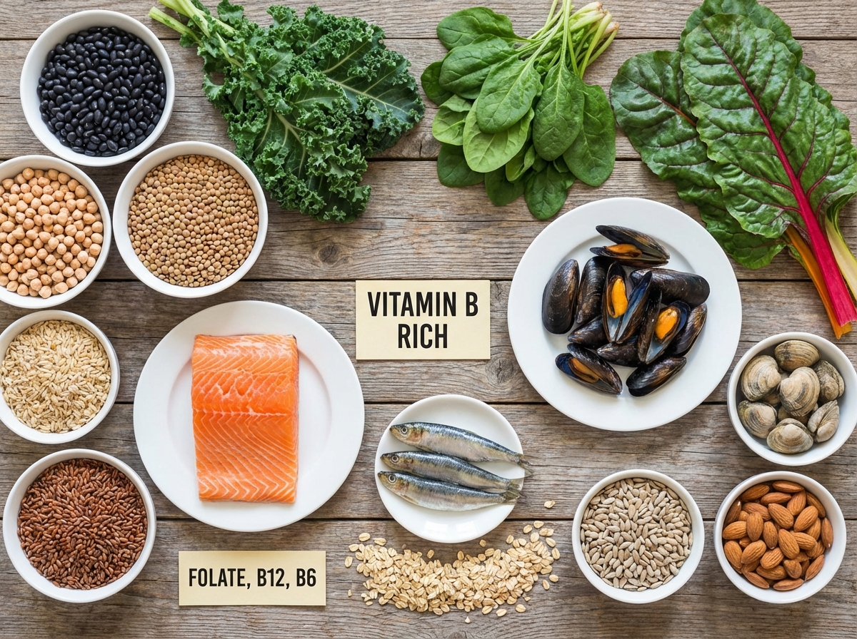 A flat lay of healthy food rich in Vitamin B, including beans, green leafy vegetables, and seafood arranged on a wooden table. Bright and clean informational photography. 4:3