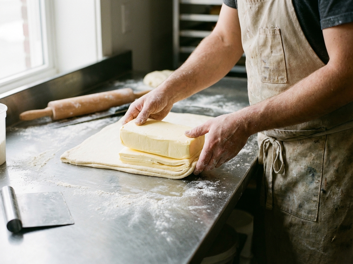 A close-up shot of a professional baker's hands working on a large piece of dough, layering it with cold butter to create the flaky structure of a croissant. Flour is scattered on a stainless steel professional kitchen counter. 4:3