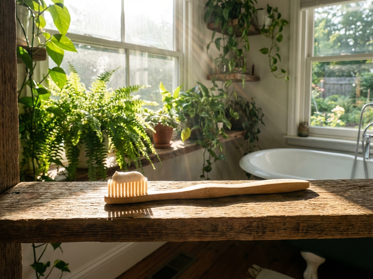 A toothbrush with soft bristles and natural toothpaste on a wooden shelf in a bright bathroom. Morning sun rays coming through the window, green plants in the background. Natural setting, high quality. 4:3