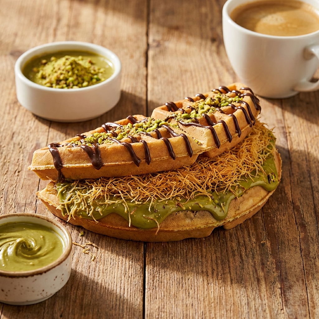 A delicious waffle filled with thick green pistachio spread and crunchy kadayif noodles, topped with dark chocolate glaze, realistic food photography, warm lighting, wooden table background, 1:1