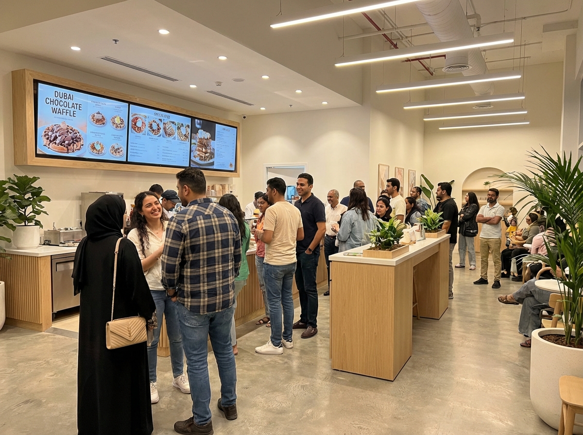 A modern waffle shop interior with a digital menu board showing Dubai chocolate waffle pictures, people waiting in a friendly atmosphere, bright and clean indoor lighting, 4:3