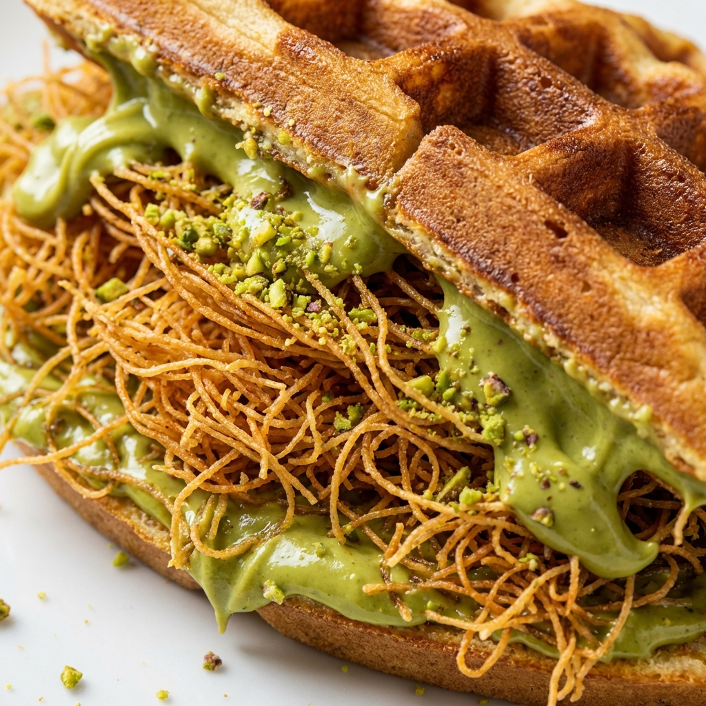Close up shot of crispy golden brown kadayif noodles mixed with green pistachio cream inside a waffle, detailed texture, macro photography, 1:1
