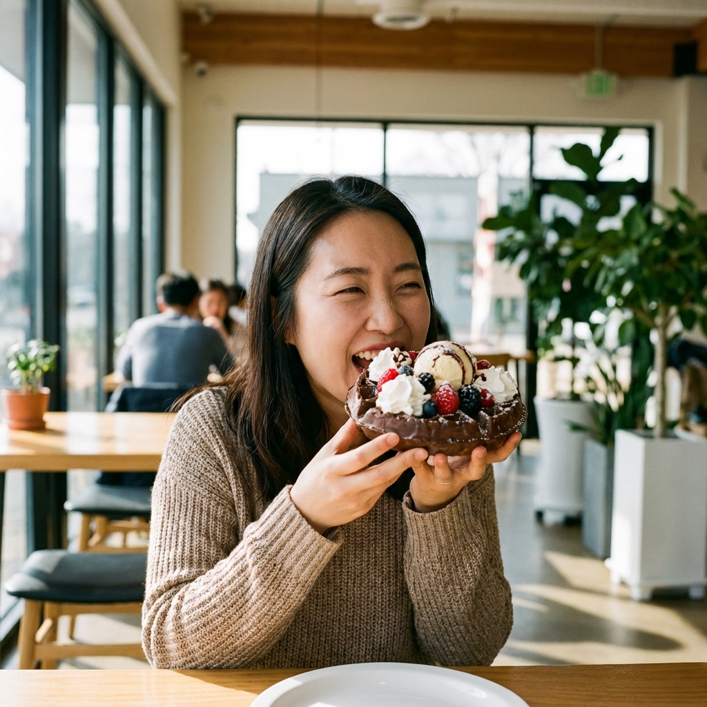 A happy Korean person enjoying a large chocolate waffle, bright facial expression, natural lifestyle setting in a modern dessert shop, 1:1