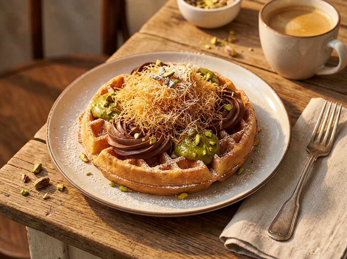 A premium waffle dessert with rich chocolate cream, green pistachio spread, and crispy kataifi topping on a wooden table, warm sunlight, lifestyle photography, 4:3