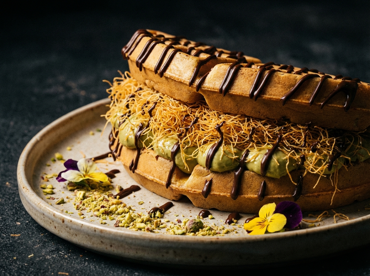 Close up of a waffle filled with thick pistachio green cream and crunchy golden kataifi noodles, chocolate drizzle, high contrast, modern layout, 4:3