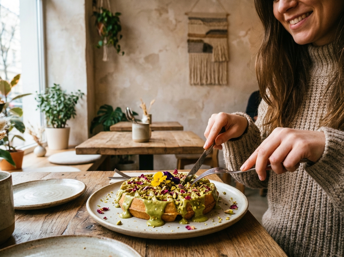 A person enjoying a decorated waffle with green pistachio sauce in a modern cozy cafe, aesthetic composition, textured background, 4:3