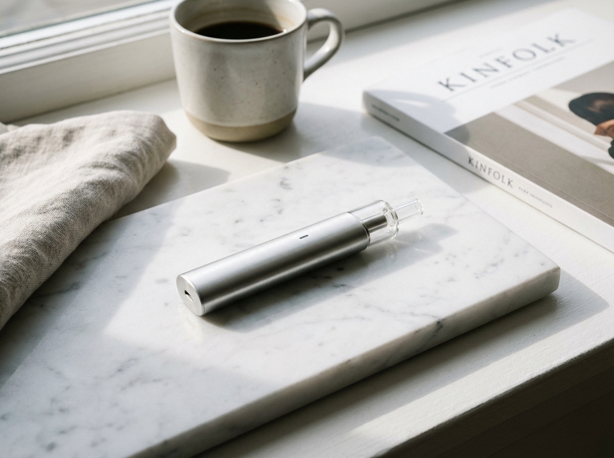 A sleek and modern electronic cigarette device resting on a clean white marble surface, lifestyle photography, soft natural lighting, high quality, 4:3