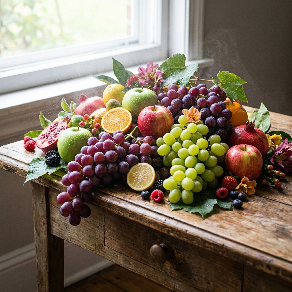 A variety of fresh and juicy fruits like grapes and apples arranged artistically on a wooden table, vibrant colors, fresh mist, lifestyle photography, 1:1