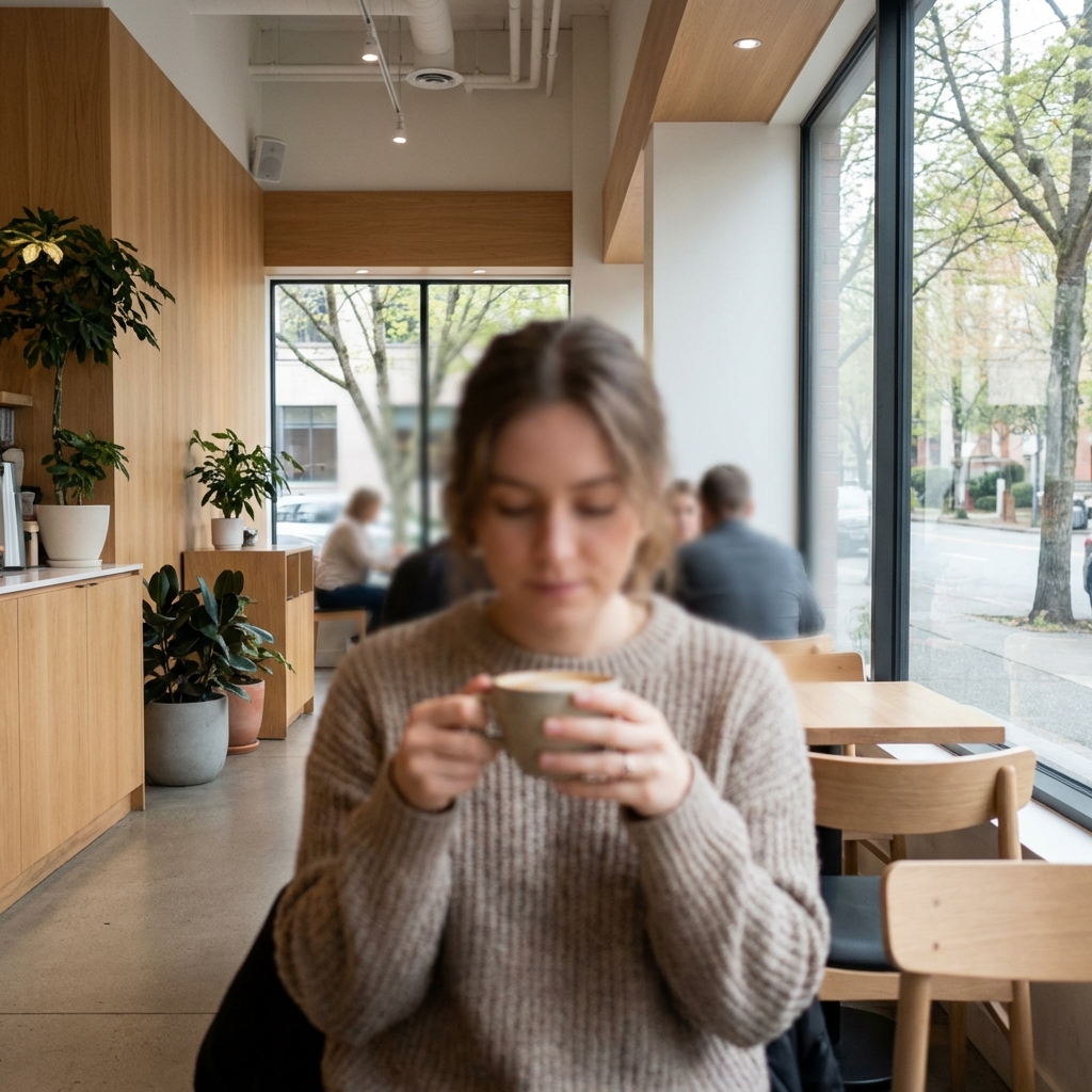 A natural scene of a person relaxing in a modern cafe with a calm atmosphere, soft focus on the person, high quality lifestyle photography, 1:1