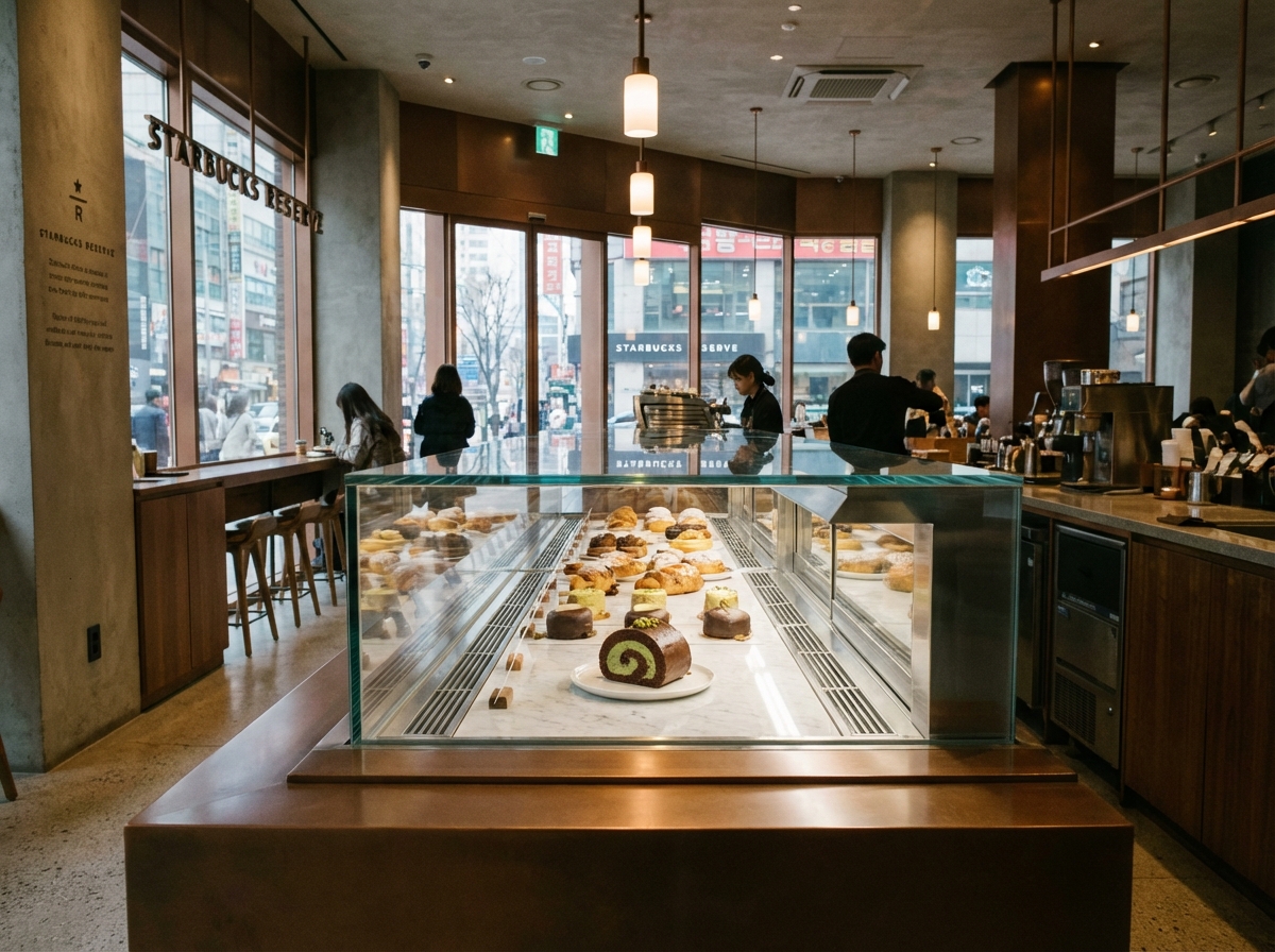 A professional wide shot of a modern Starbucks Reserve store interior in Seoul. The focus is on a sleek glass display case filled with premium desserts. In the center, a small roll-shaped chocolate dessert with green pistachio filling is highlighted. The atmosphere is warm with soft ambient lighting and a clean, sophisticated vibe. 4:3