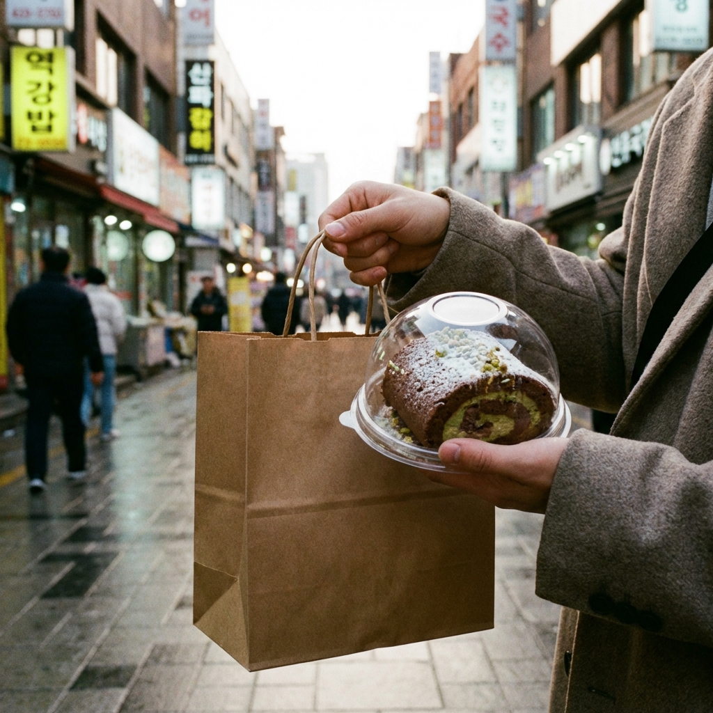 A high-quality lifestyle photograph of a person holding a Starbucks paper bag and a small transparent plastic dome container containing a chocolate pistachio roll dessert. The background shows a blurry city street in Seoul during early morning. The lighting is bright and natural. No text on the bag. 1:1
