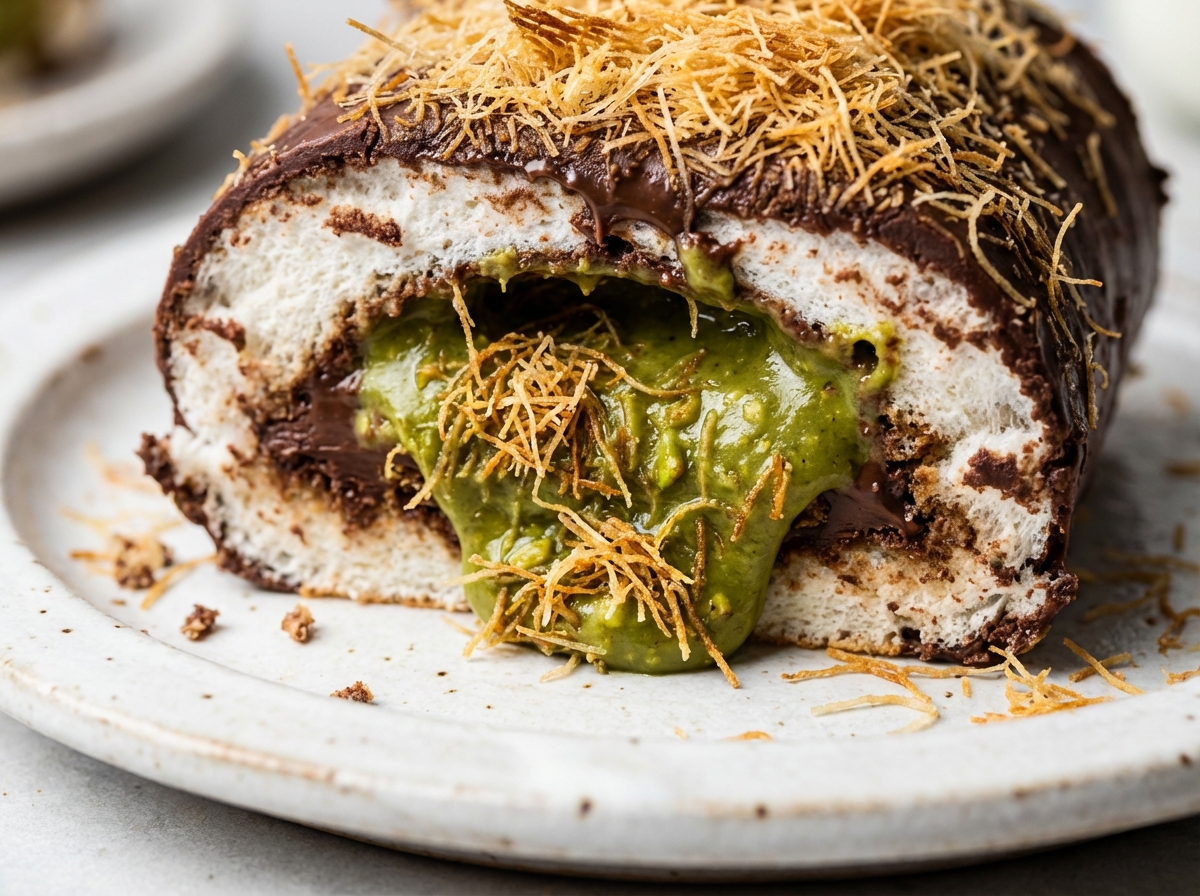 A detailed close-up shot of a halved chocolate roll dessert on a white ceramic plate. The inside reveals a vibrant green pistachio paste mixed with crunchy golden-brown kataifi pastry strands. The outer layer consists of dark chocolate and soft white marshmallow. The texture looks rich and crunchy. Professional food photography style. 4:3