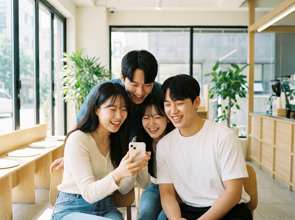 A group of young Korean friends looking at a mobile phone together and laughing happily in a bright modern cafe, natural lifestyle photography, 4:3