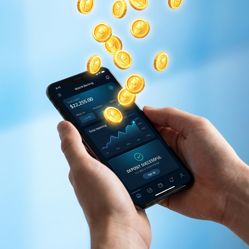 Shiny digital gold coins falling into a modern mobile banking application interface on a soft blue gradient background, high contrast, clean layout, 1:1