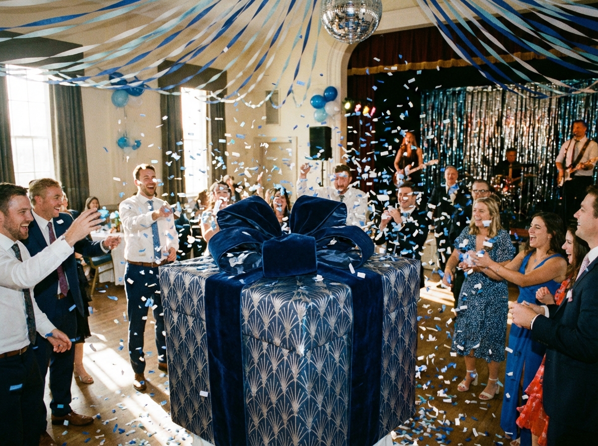 A festive celebration scene with blue and white confetti flying around a large stylish gift box in the center, bright and energetic atmosphere, 4:3