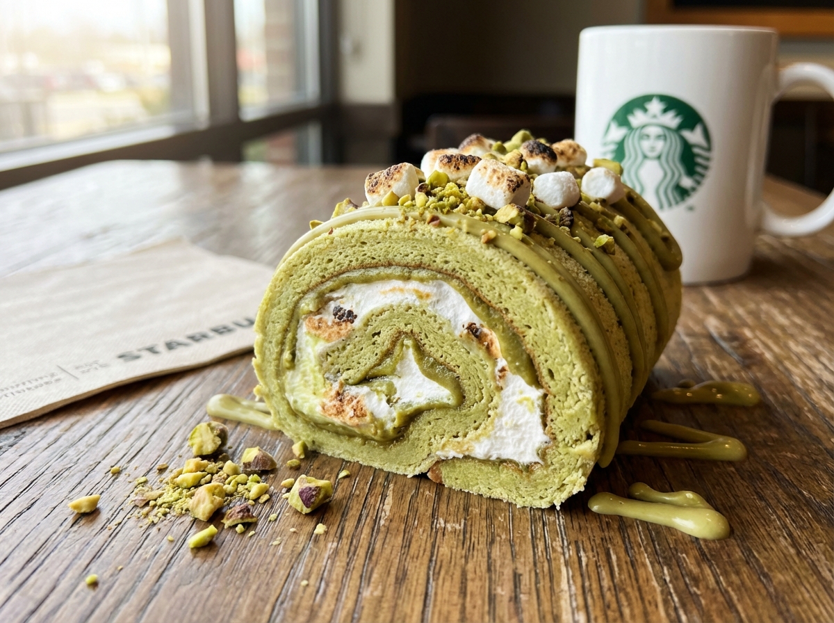 Close up shot of a premium dessert roll with pistachio and marshmallow texture on a wooden table in a Starbucks store, soft morning lighting, high quality food photography, 4:3