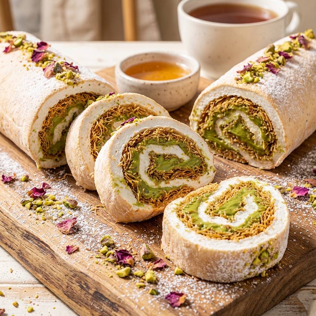 Sliced dessert roll showing inside layers of green pistachio cream and crispy kadayif noodles, marshmallow outer layer, professional food styling, 1:1