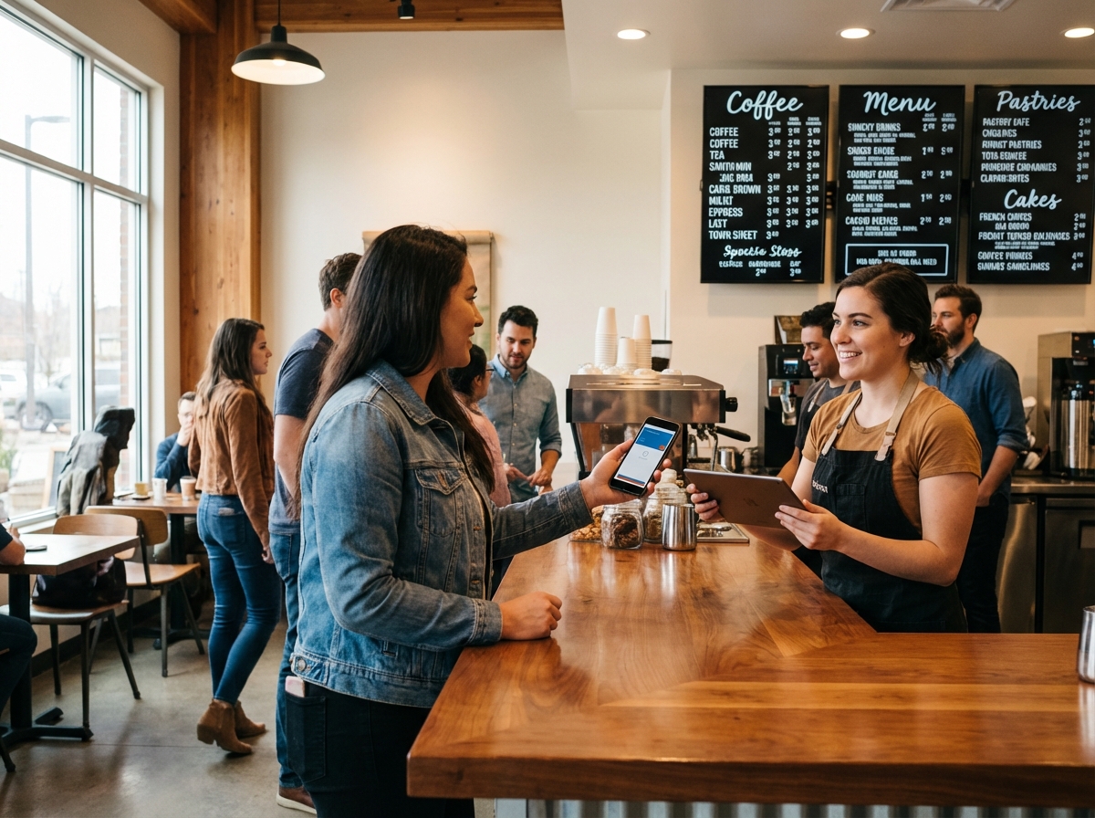 Customer ordering at a modern coffee shop counter, person paying with a smartphone app, warm atmosphere with menu boards in background, lifestyle photography, 4:3