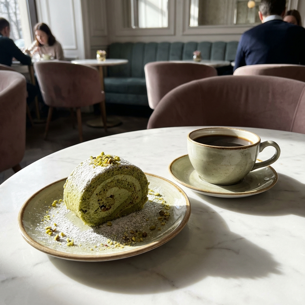 A plate with a green pistachio dessert roll and a cup of black coffee on a marble table, elegant cafe interior, soft natural lighting, high contrast, 1:1