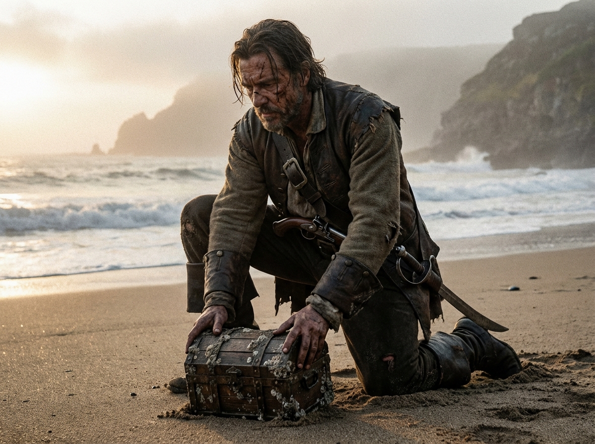 A pirate from the 17th century burying a small chest on a foggy coastal beach at dusk. Realistic historical style, cinematic lighting, weathered clothing, sandy shore, 4:3