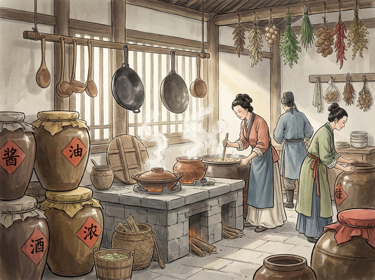 Ancient Chinese kitchen setting from the 17th century with large ceramic fermentation jars, wooden ladles, and traditional Asian cooking atmosphere, soft natural lighting, high quality illustration, 4:3