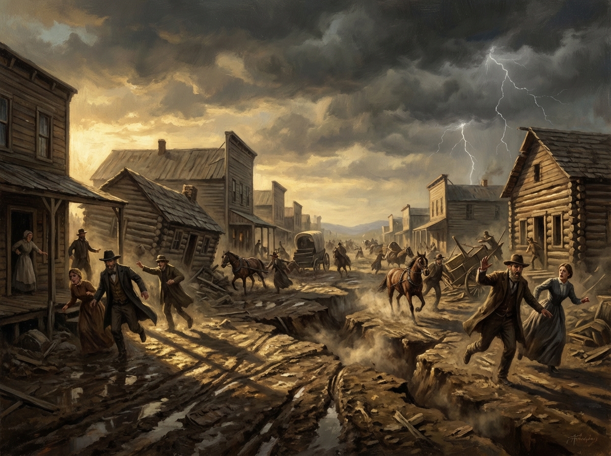 A dramatic historical illustration of a 19th-century American frontier town during a massive earthquake. Large cracks forming in the muddy ground, wooden cabins shaking, and panicked settlers in period clothing running for safety. Dark, stormy sky and a sense of overwhelming natural power. Cinematic lighting, detailed textures, 4:3 aspect ratio, no text.