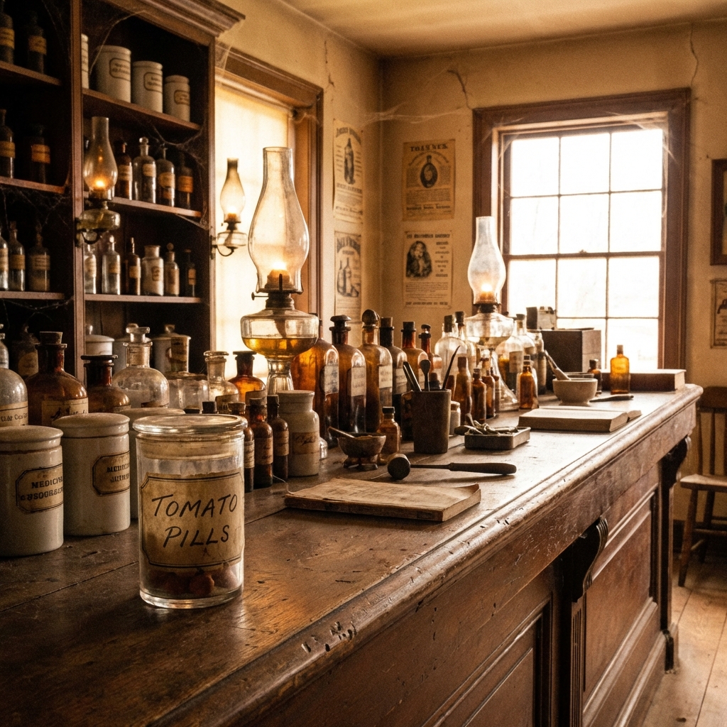 1830s American pharmacy counter, old medicine bottles, a small container labeled Tomato Pills, warm vintage atmosphere, detailed 1:1