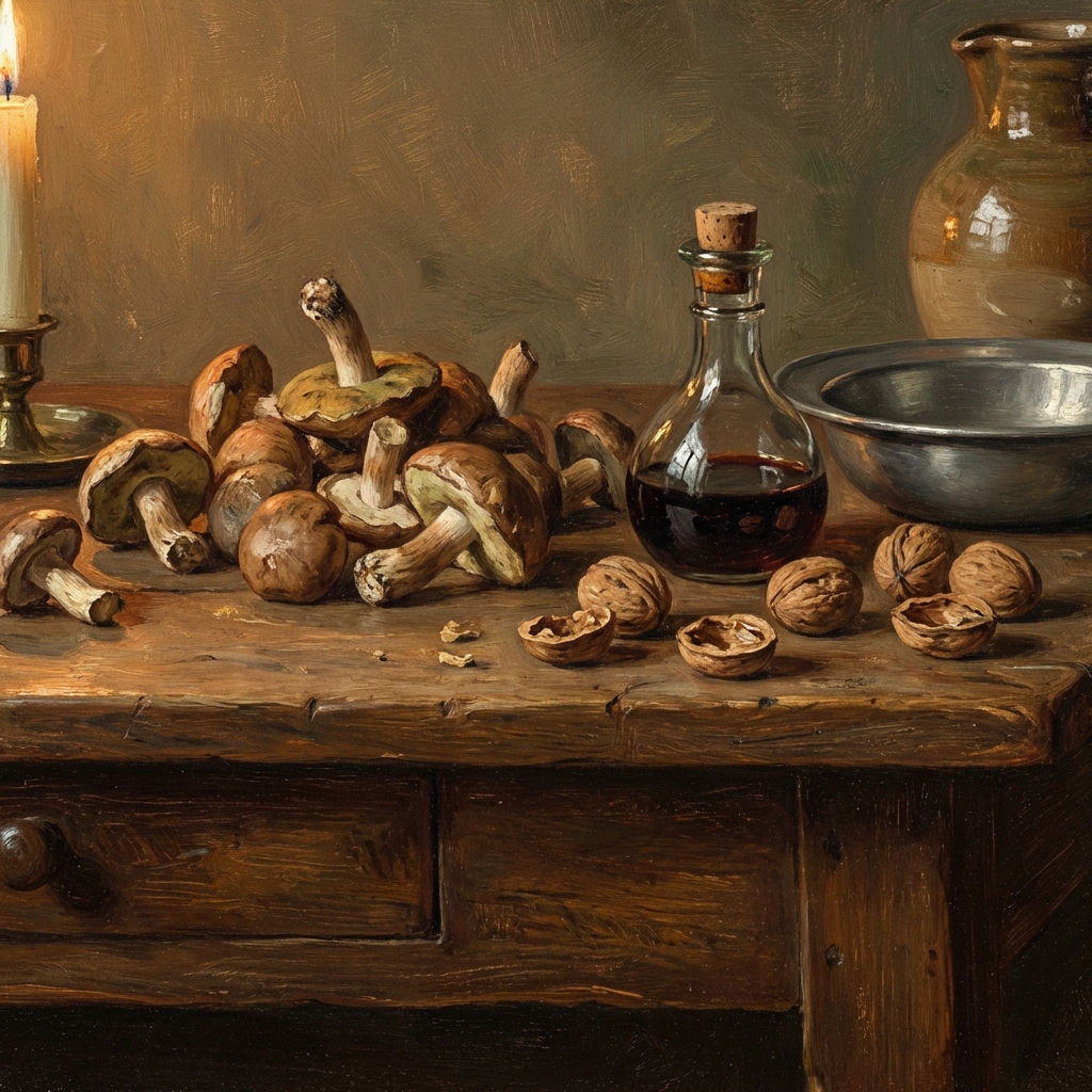 18th century British rustic kitchen table with mushrooms, walnuts, and dark liquid sauce in a small glass bottle, oil painting style, warm lighting, 1:1