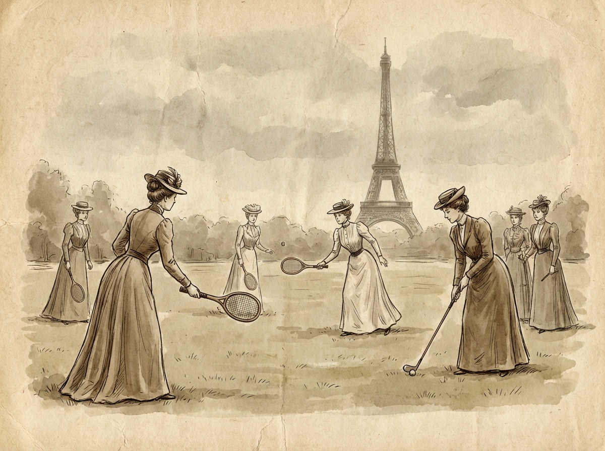 Artistic illustration of the 1900 Paris Olympics, pioneering female athletes in Victorian-style sports attire playing tennis and golf with the Eiffel Tower faintly visible in the background, vintage textured paper style, 4:3 aspect ratio, no text.