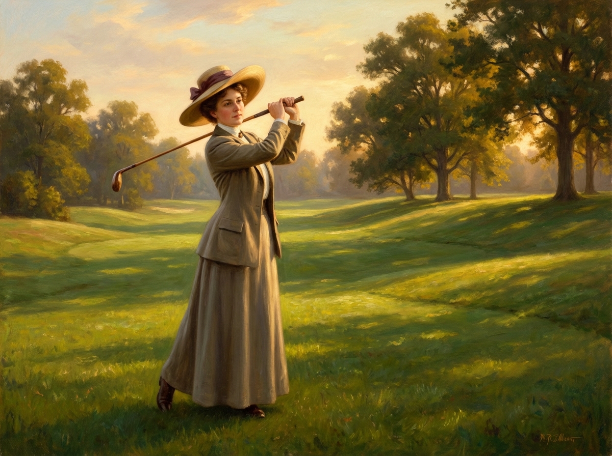 Realistic painting of Margaret Abbott playing golf in 1900, wearing a large hat and period-appropriate attire, swinging a golf club on a lush green course, warm evening lighting, classical art style, 4:3 aspect ratio, no text.