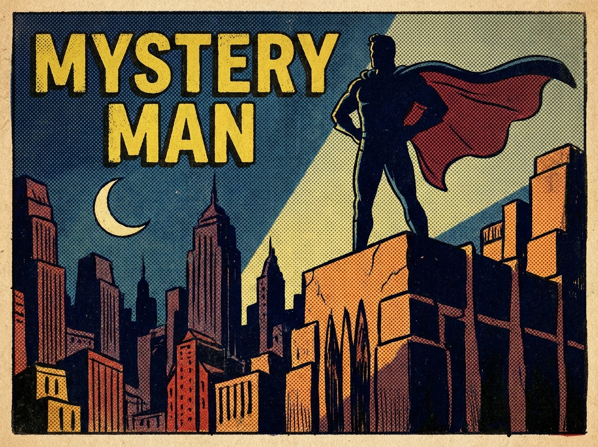 A silhouette of a powerful superhero standing on a city rooftop in a 1930s vintage comic book art style. High contrast, dramatic lighting, halftone dots pattern, vibrant classic colors. 4:3
