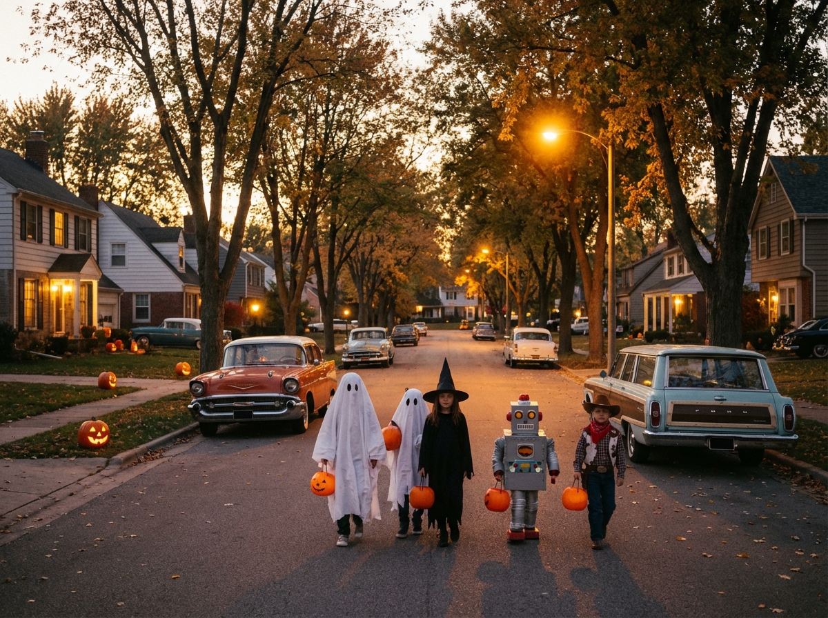 Vintage 1950s American suburban neighborhood at dusk, children in handmade classic Halloween costumes like ghosts and witches holding pumpkin buckets, nostalgic atmosphere, warm tones, no text, 4:3