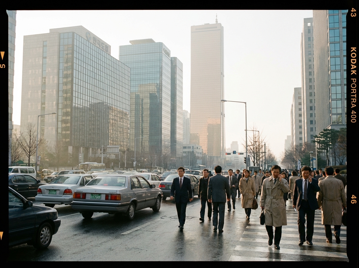 A bustling 1990s financial district in Yeouido Seoul with vintage cars and people in retro business suits walking towards tall office buildings soft morning sunlight cinematic atmosphere 4:3